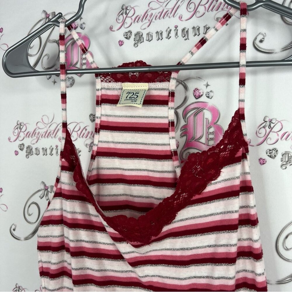 725 originals sparkly tank top stripe Red and White Striped Top with Lace Detail - Picture 2 of 8